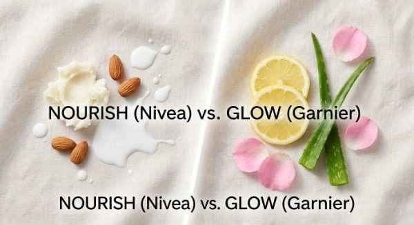 This aesthetic image highlights the core philosophy difference Nivea’s focus on protective nourishment (SheaAlmond) vs. Garnier’s focus on active brightening (Vitamin CAloe).