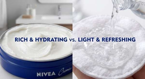 This image contrasts the tactile experience of both brands, showing the heavy hydration of Nivea versus the lightweight cleansing of Garnier.